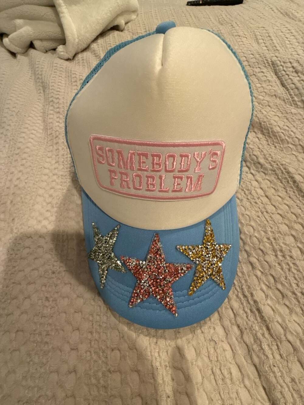Somebody's Problem Blue Trucker Hat with Rhinestone Stars and Hustler Patch - Picture 3 of 5